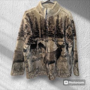 Black Mountain Warm Fleece Zip-up Wildlife Deer Jacket, Size Medium